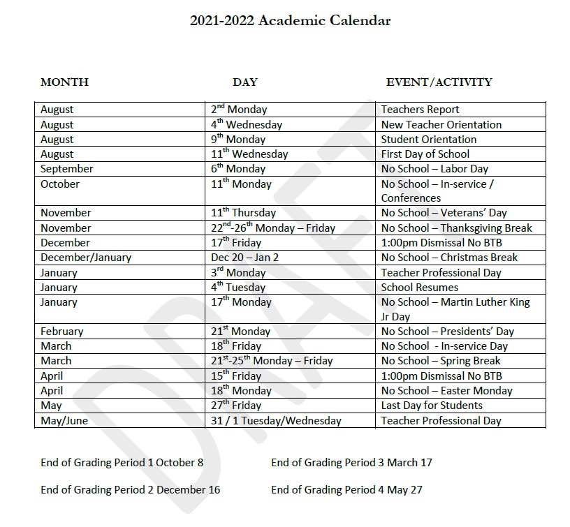 20212022 Academic Calendar The Basilica School